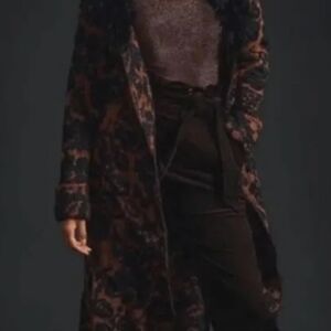Anthropologie Black and Brown Jacquard Patterned Trench Duster